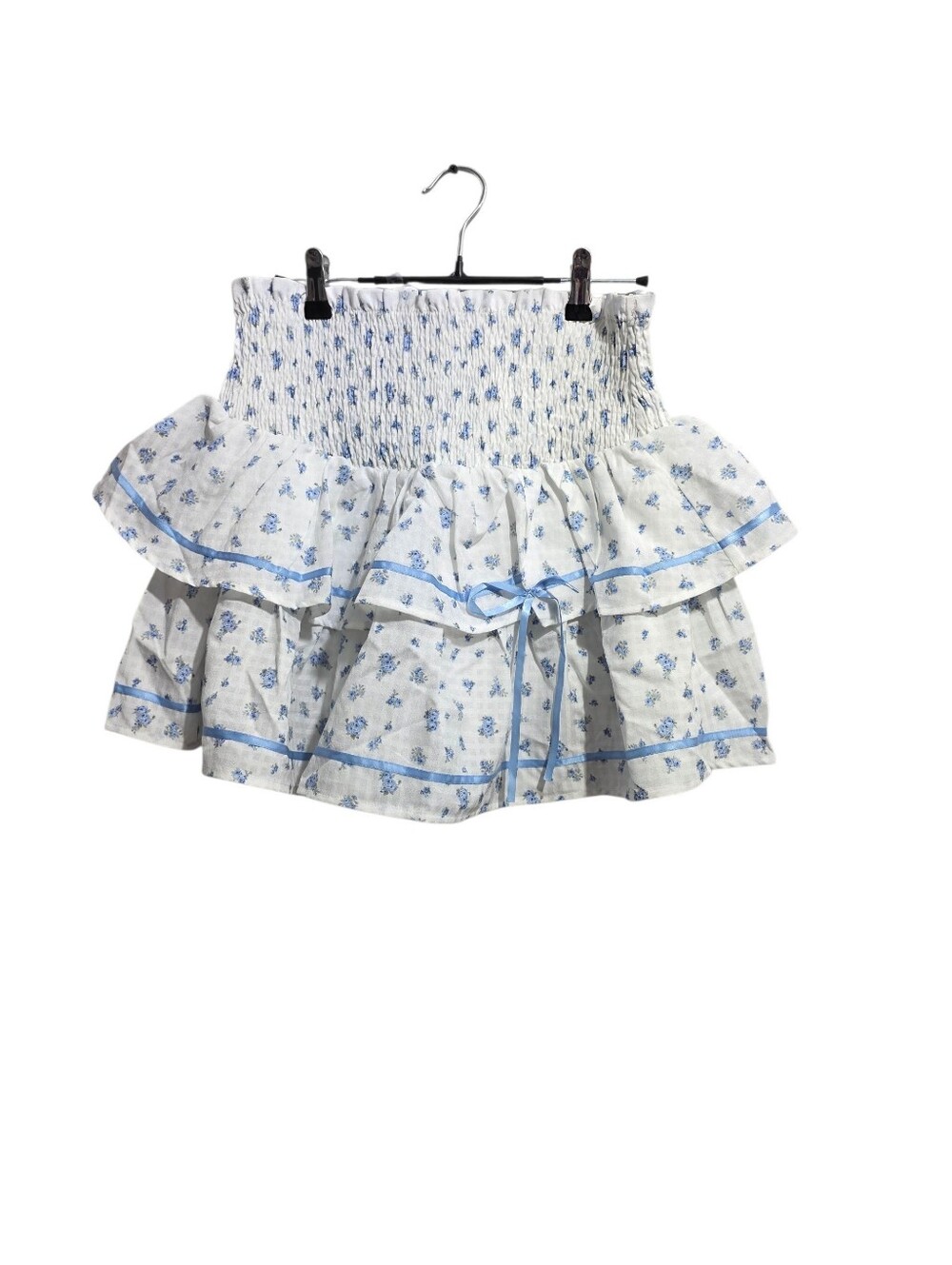 Altar'd State White Blue Floral Ruffle Mini Skirt Smocked Waist Women's Size XL
